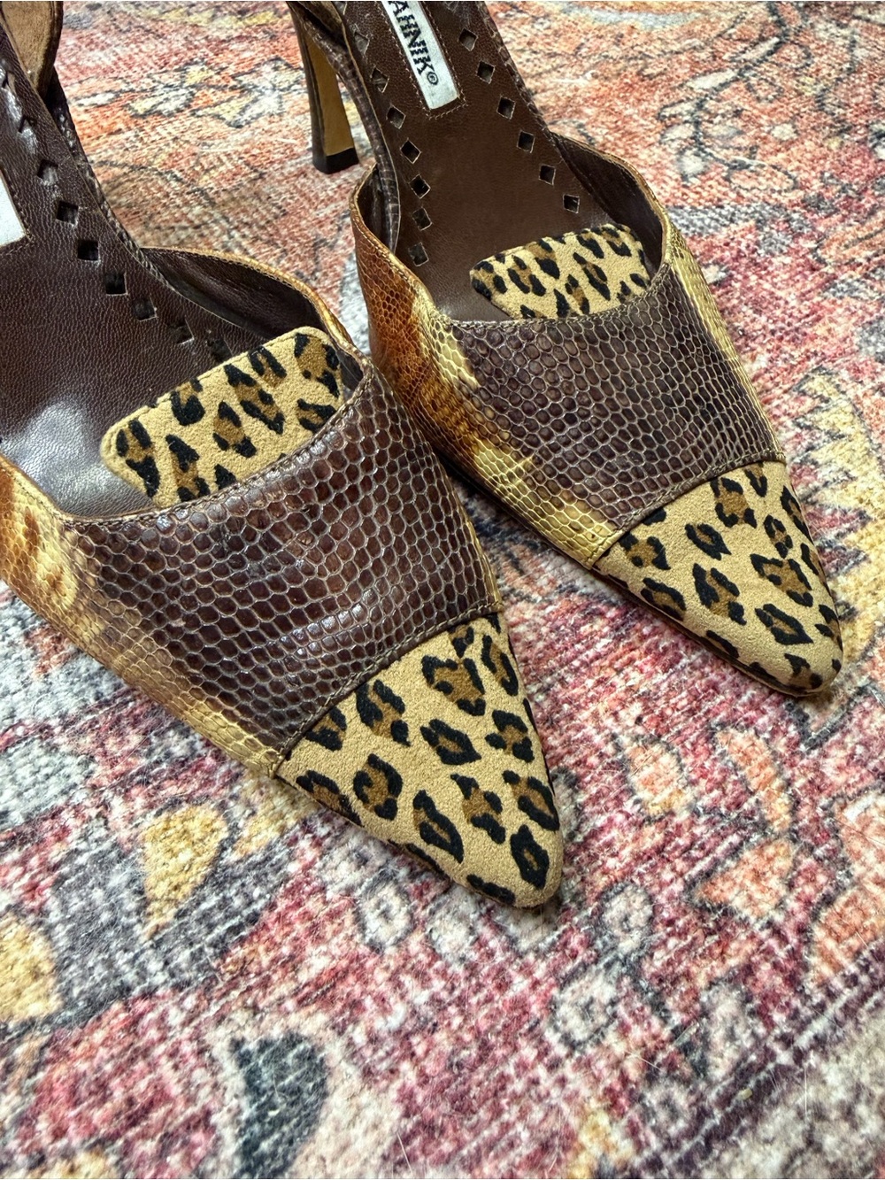 Y2K Manolo Blahnik Snakeskin & Leopard Print Slingback Pointed Toe Heels - Picture 3 of 5